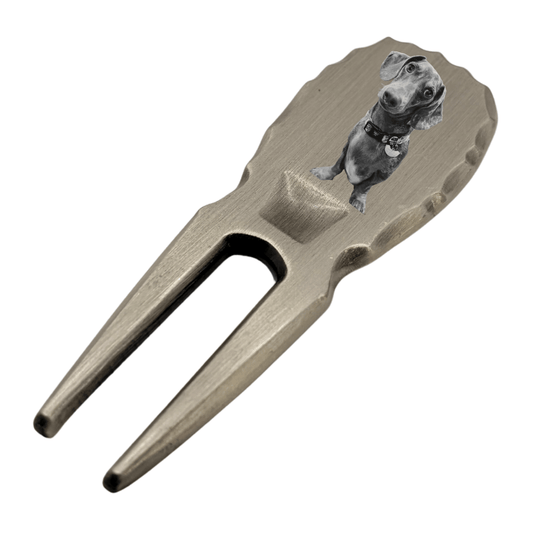 Personalised Photo & Logo Divot Tool featuring a custom dog design engraved on premium metal.