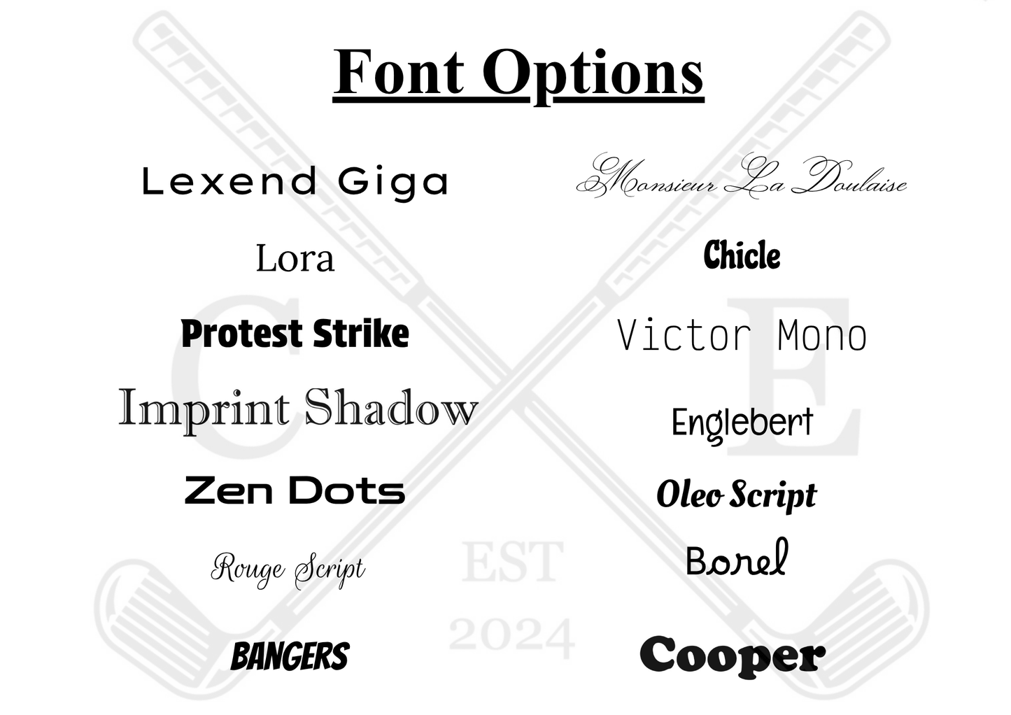 Font options for Design Your Own Custom Laser Engraved Ball Marker including Lexend Giga, Lora, and Bangers.