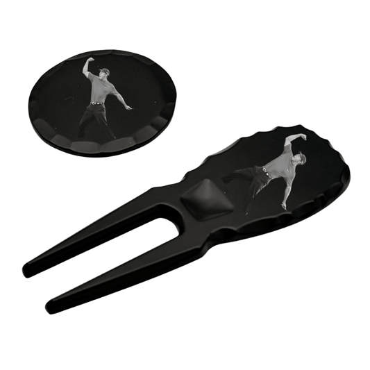 Personalised Photo & Logo Ball Marker & Divot Tool Set featuring a black design with a custom engraved image.