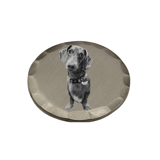 Personalised Photo & Logo Ball Marker featuring a custom engraving of a dog on a premium metal surface.