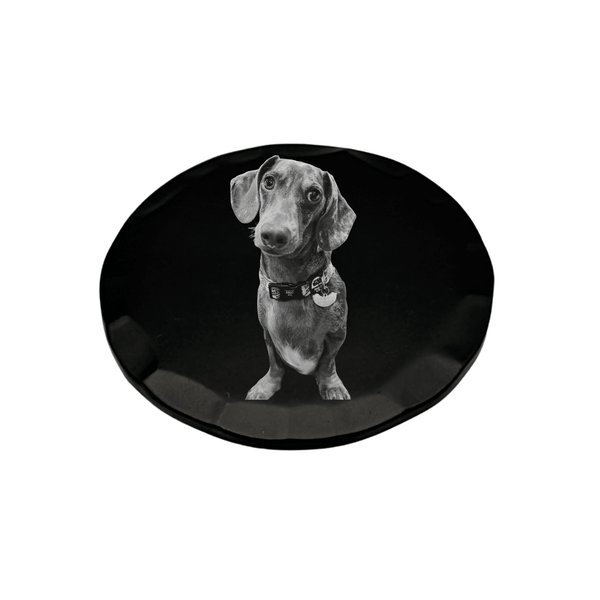 Personalised Photo & Logo Ball Marker featuring a black and white photo of a cute dog on a sleek black surface.