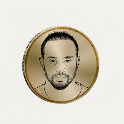 Custom Brass Ball Marker featuring a detailed illustration of a golfer's face, showcasing the premium textured finish.