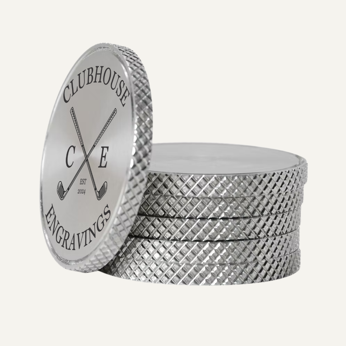 Custom Stainless Steel Ball Marker in a stack with knurled edge design, featuring logo and premium finish.