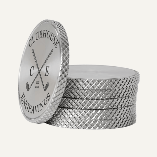 Custom Stainless Steel Ball Marker in a stack with knurled edge design, featuring logo and premium finish.
