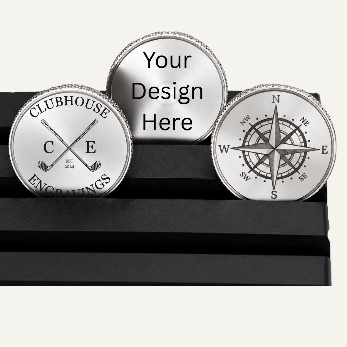 Custom Stainless Steel Ball Marker displaying personalized designs and engravings.