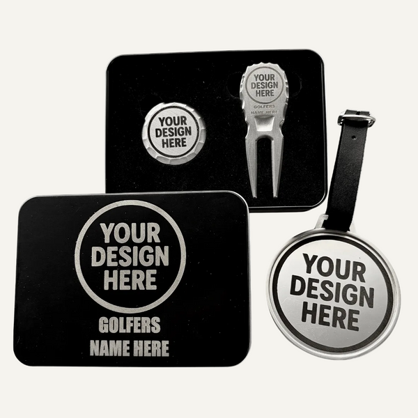 Custom Laser Engraved Golf Gift Set with personalized design options in a premium gift box.